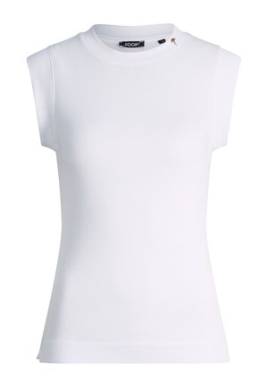 Biały, bezrękawnik wykonany z prążkowanego dzianiny o okrągłym dekolcie i małej czarnej metce JOOP! wewnątrz kołnierza.