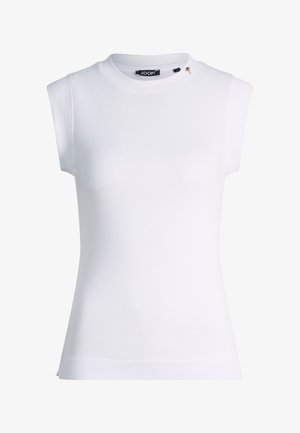 Biały, bezrękawnik wykonany z prążkowanego dzianiny o okrągłym dekolcie i małej czarnej metce JOOP! wewnątrz kołnierza.