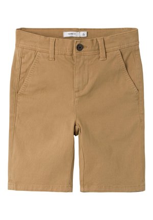 Tanfarvede bomuldsshorts med knap foran, bæltestropper og skrå sidesomme lommer, størrelsesmærke synligt inde i linningen.