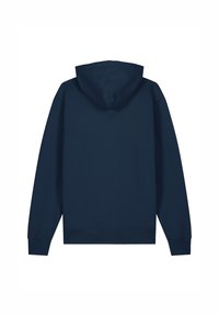 Navyblauer Hoodie mit großer Kapuze, langen Ärmeln und gerippten Bündchen und Saum. Hergestellt aus einem weichen, strukturierten Stoff. Keine sichtbaren Logos oder Muster.