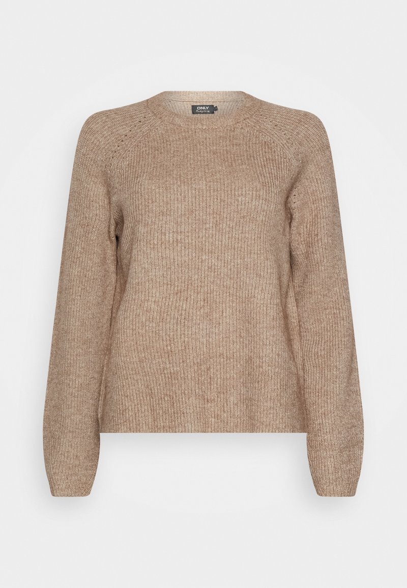 Pull en tricot couleur brun clair à col rond, avec des manches longues et une texture côtelée, présenté sur un fond blanc.