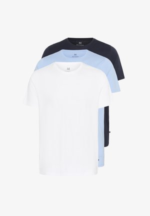 Set van drie crew-neck t-shirts in wit, lichtblauw en marineblauw. Gemaakt van zachte katoen, met korte mouwen en een gladde textuur.
