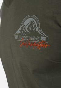 Olive green cotton t-shirt featuring a mountain graphic in gray and red embroidered text stating "InVanderstorm" on the front.