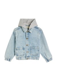 Giacca in denim di colore azzurro chiaro con cappuccio grigio. Caratteristiche includono due tasche frontali, chiusura con bottoni e polsini elastici per una vestibilità aderente.