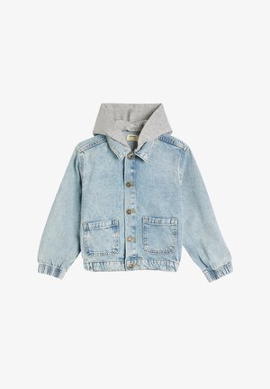 Giacca in denim di colore azzurro chiaro con cappuccio grigio. Caratteristiche includono due tasche frontali, chiusura con bottoni e polsini elastici per una vestibilità aderente.