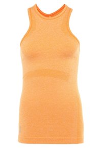 Débardeur sans manches orange avec une finition texturée, présentant un col rond et un contraste au niveau du col et des emmanchures.