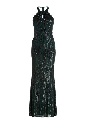 Robe de soirée sans manches vert foncé avec des motifs géométriques en sequins noirs et un col halter avec une découpe en forme de clé à l'avant.