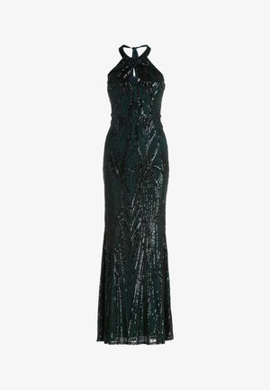 Robe de soirée sans manches vert foncé avec des motifs géométriques en sequins noirs et un col halter avec une découpe en forme de clé à l'avant.
