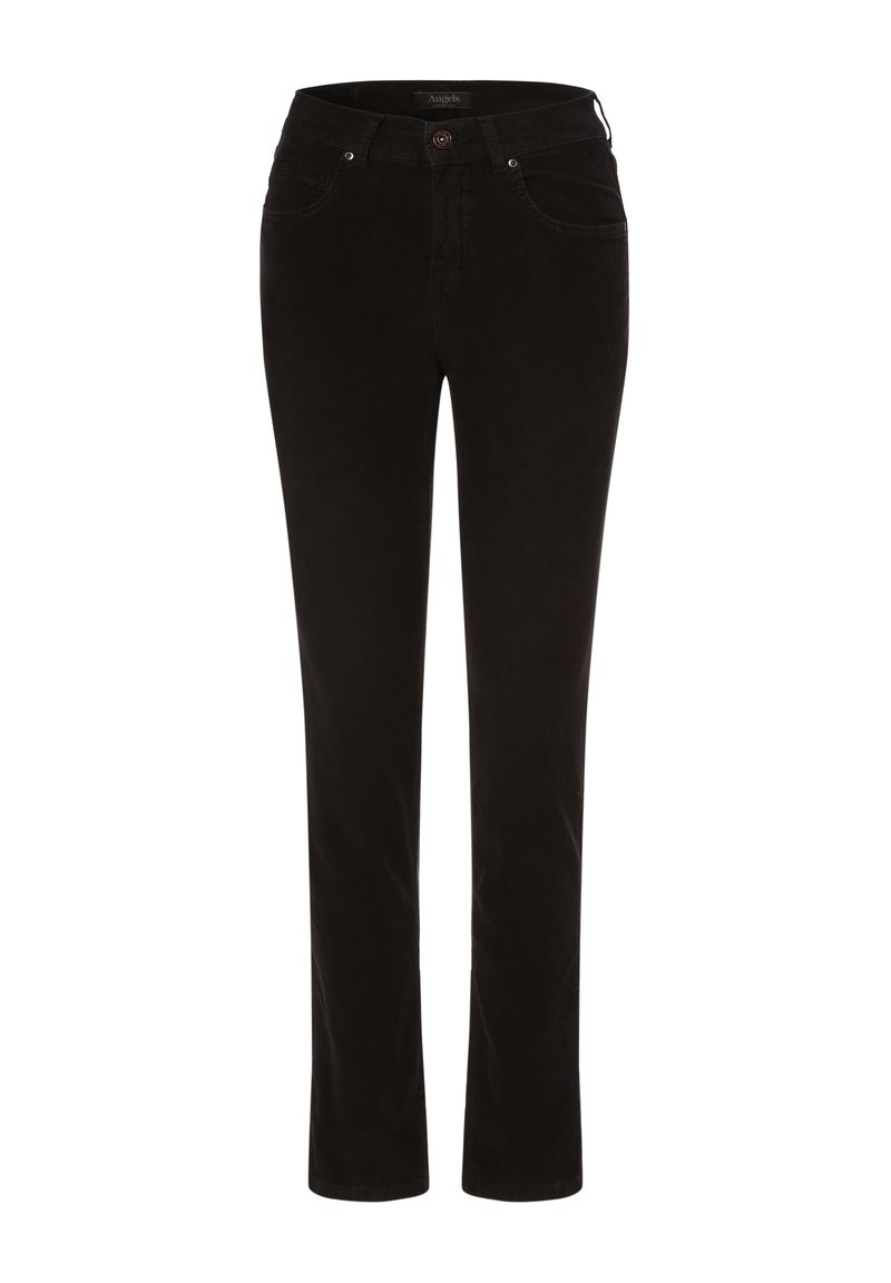 Zwarte corduroy broek met een recht design, voorzien van een knoopsluiting en vijf-pocket styling. Gladde textuur met subtiele glans.