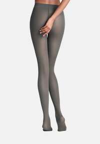 Opake, graue Strumpfhosen mit glatter Textur, in voller Länge und einem schlichten Bunddesign, geeignet für verschiedene Outfits oder Anlässe.