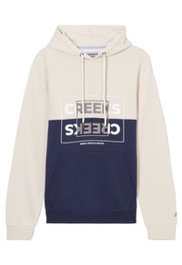 Sudadera con capucha en beige y azul marino. Cuenta con un bolsillo frontal, cordones y un logo impreso en colores contrastantes. Textura suave.