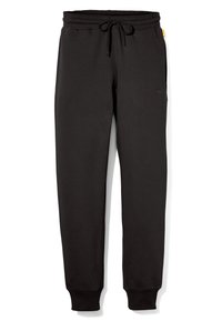 Pantalons de survêtement noirs avec une taille élastique et un cordon de serrage. Il présente un tissu texturé et un petit logo brodé à l'avant.