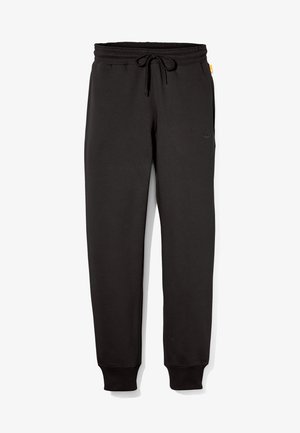 Schwarze Jogginghose mit elastischem Bund und Kordelzug. Verfügt über einen strukturierten Stoff und ein kleines, gesticktes Logo auf der Vorderseite.