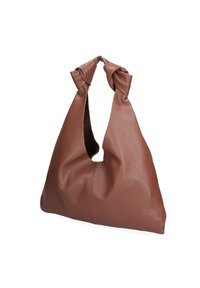 Borsa a tracolla marrone in pelle con forma morbida, caratterizzata da due manici annodati e una parte superiore parzialmente aperta, con una superficie testurizzata.