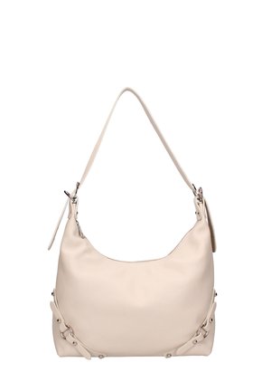 Borsa a spalla curvata in pelle beige con hardware in argento, chiusura con zip e dettagli laterali che presentano bottoni decorativi e cinturini.