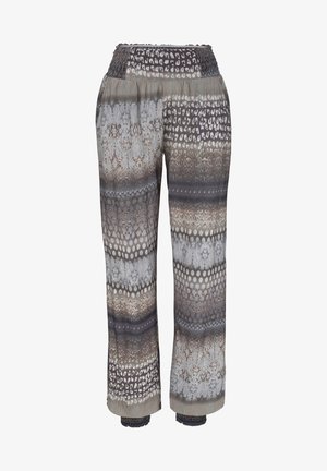 Lahki, vzorčaste hlače z elastičnim pasom. Imajo mešanico sivih, taupe in srebrnih odtenkov ter raznolikih tekstur in vzorcev.