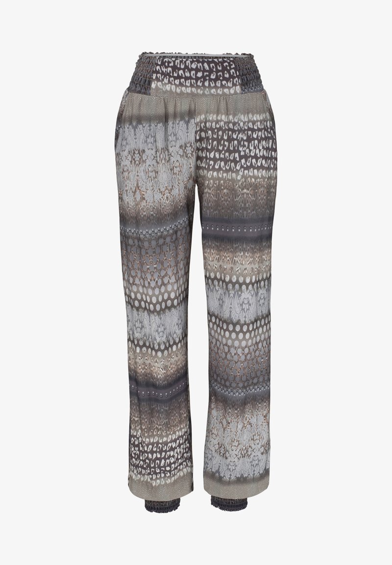 Lekka, wzorzysta para spodni z elastycznym pasem. Charakteryzuje się mieszanką odcieni szarości, taupe i srebra oraz różnorodnymi fakturami i nadrukami.