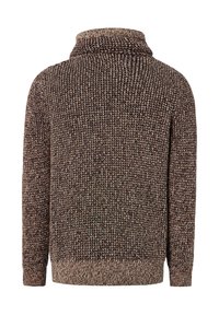 Brauner gestrickter Pullover mit hohem Kragen, der ein strukturieres Muster sowie gerippte Ärmelbündchen und Saum aufweist. Die Rückansicht zeigt eine gleichmäßige Stichdetail.