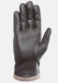 Brun læderhandske med fem fingre, blød tekstur, forstærket syning og en strikket beige manchet ved håndleddet.