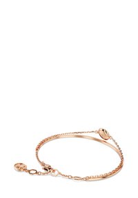 Pulsera de oro rosa con una banda lisa y un segmento de cadena. Presenta un cierre circular y acentos hexagonales. Acabado pulido.