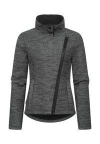 Grå fleecejacka med hög krage, texturerad tyg, asymmetrisk dragkedjedetalj på bröstet och rundad nederkant.