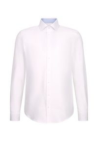 Camicia bianca a maniche lunghe con colletto button-down e collo interno a motivo blu. Tessuto liscio con vestibilità regolare e orlo arrotondato.