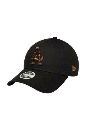 Gorra de béisbol negra con logo LA con patrón en naranja y negro bordado en la parte delantera y logo de New Era en el lateral, estilo 9FORTY ajustable para mujer.