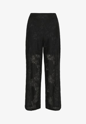 Schwarze Spitzenhose mit weitem Bein, ausgestattet mit floralen Mustern und einer strukturierten Oberfläche. Der Bund ist elastisch für mehr Komfort.