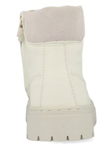 Witte enkellaars met een zachte suède kraag en een gestructureerd leren lichaam. Voorzien van een robuuste zool en een rits aan de zijkant voor gemakkelijk aan- en uittrekken.