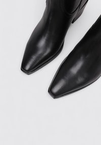 Botines de cuero negro hasta el tobillo con punta afilada, textura suave y un tacón bajo en bloque. Diseño minimalista sin herrajes visibles.