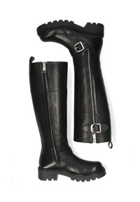 Bottes noires en cuir montantes avec une fermeture éclair sur le côté, des détails de boucle, une semelle en caoutchouc et une finition texturée, présentant un talon épais et une bonne adhérence.