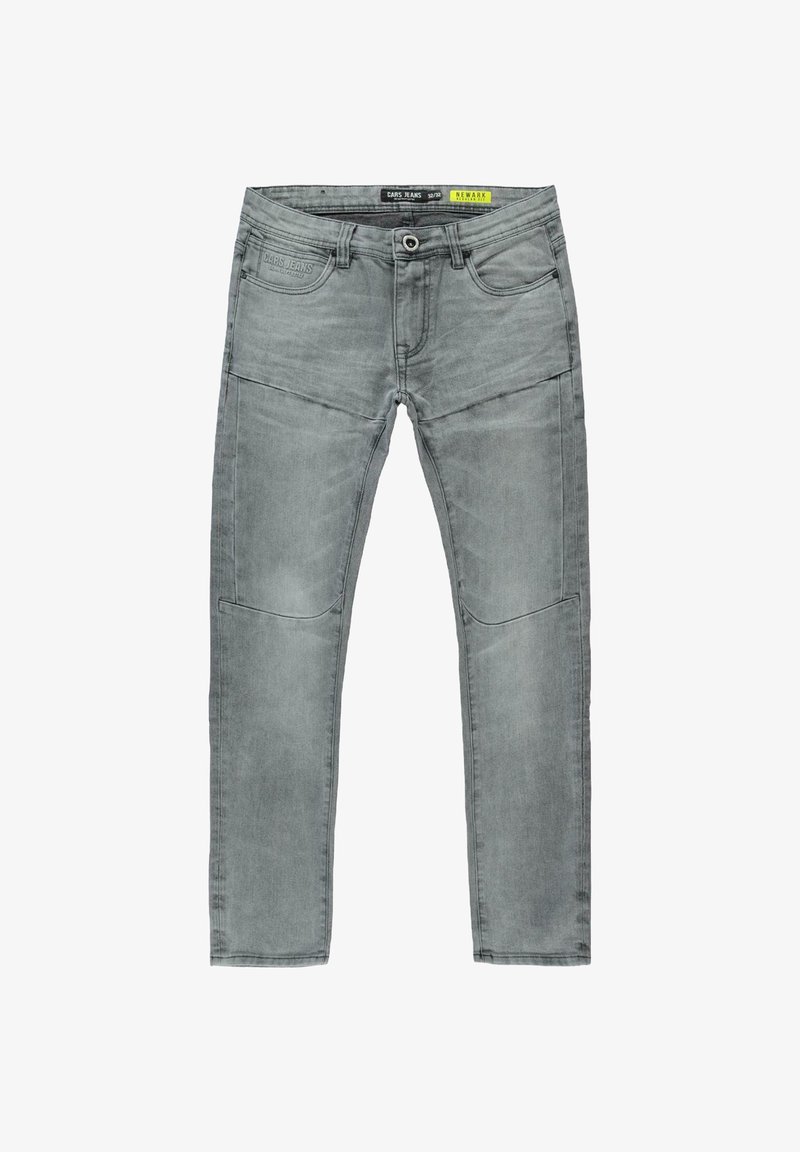 Grijze denim jeans met een slim-fit, voorzien van voorzakken, een enkele achterzak en gestikte naden. De stof heeft een licht gewassen textuur.