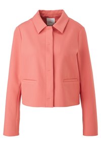 Koraalroze cropped jack van gladde stof. Heeft een puntige kraag, een sluiting met knopen aan de voorzijde en twee zijzakken. Lange mouwen, slim fit.