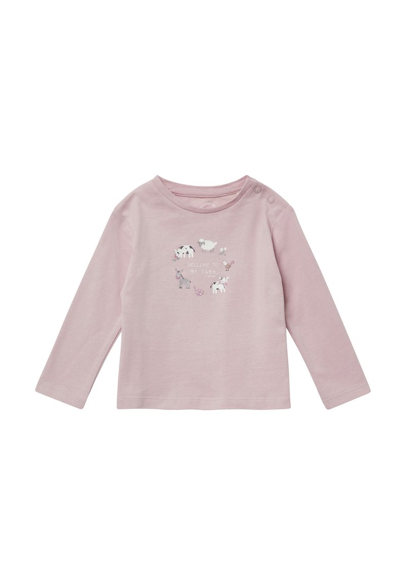 Lichtroze langemouwen shirt van katoen met een ronde hals en twee schouderknopen. Heeft dierenafbeeldingen en tekst met de woorden " WELKOM OP MIJN BOERDERIJ."