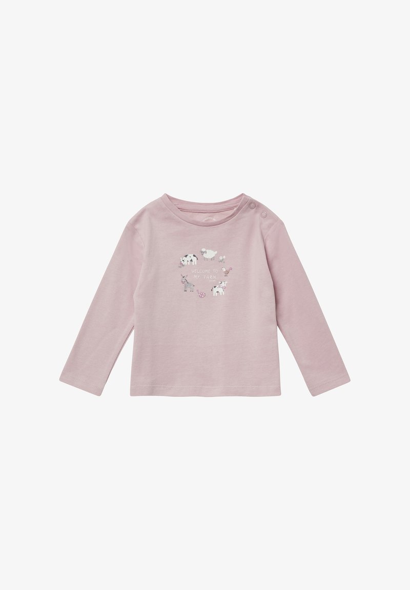 Lichtroze langemouwen shirt van katoen met een ronde hals en twee schouderknopen. Heeft dierenafbeeldingen en tekst met de woorden " WELKOM OP MIJN BOERDERIJ."