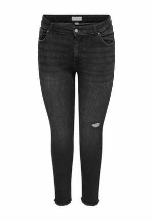 Blugi skinny negri cu spălare estompată, detalii rupte pe coapse, tivuri tocite, închidere frontală cu nasture și fermoar și design cu cinci buzunare.