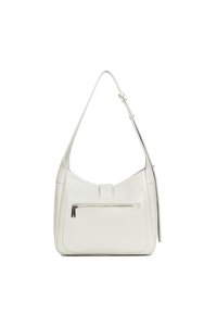 Borsa a spalla in pelle bianca con forma curva, tasca frontale con zip e tracolla regolabile. Presenta una finitura texturizzata e un design minimalista.