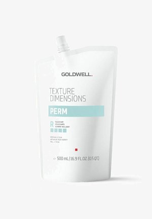 Goldwell Texture Dimensions Dauerwelle, 500 ml Beutel. Weiße Kunststoff, geschwungene Form. Mit blauen Akzenten und fettem schwarzen Text für Produktdetails.