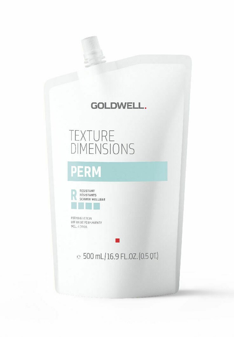 Goldwell Texture Dimensions Permanent, 500 ml zak. Witte plastic, gebogen vorm. Heeft blauwe accenten en vetgedrukte zwarte tekst voor productdetails.