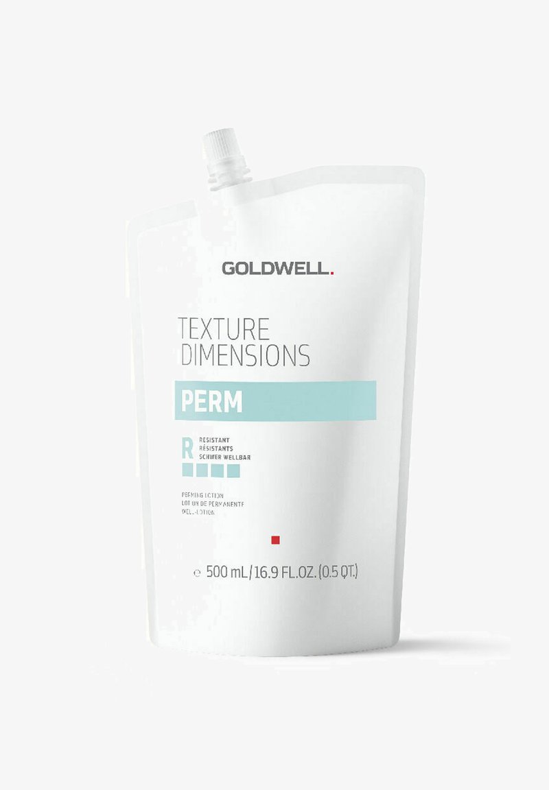 Goldwell Texture Dimensions Permanent, 500 ml zak. Witte plastic, gebogen vorm. Heeft blauwe accenten en vetgedrukte zwarte tekst voor productdetails.
