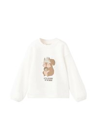 Felpa bianca con un scoiattolo cartoon che tiene una ghianda, indossando un berretto lavorato a maglia. Il testo dice "PICCOLO ESPLORATORE DEL BOSCO."
