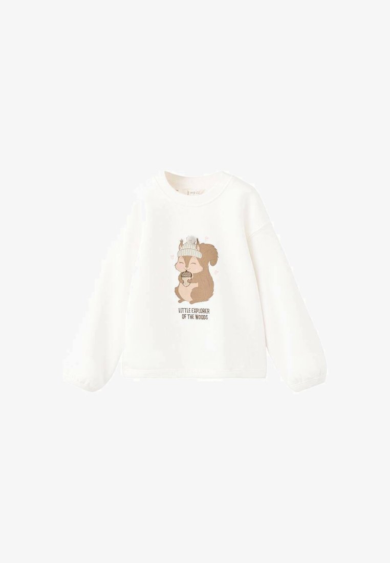 Felpa bianca con un scoiattolo cartoon che tiene una ghianda, indossando un berretto lavorato a maglia. Il testo dice "PICCOLO ESPLORATORE DEL BOSCO."