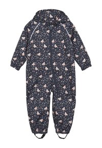 Wasserfester Kinderoverall in Dunkelblau mit pinken Schmetterlingen und Blumenmustern, elastischen Bündchen und frontaler Reißverschlussöffnung.