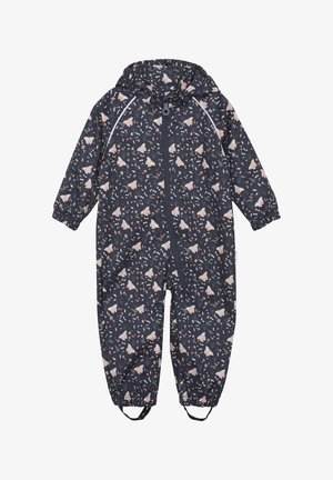 Waterdichte kinderoverall in donkerblauw met roze vlinders en bloemenpatronen, elastische boorden en rits aan de voorkant.