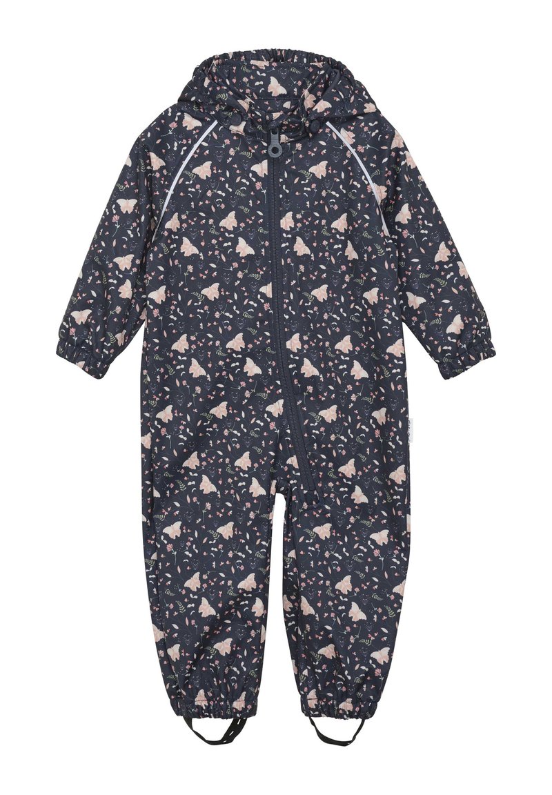 Wasserfester Kinderoverall in Dunkelblau mit pinken Schmetterlingen und Blumenmustern, elastischen Bündchen und frontaler Reißverschlussöffnung.