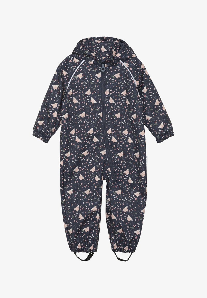 Wasserfester Kinderoverall in Dunkelblau mit pinken Schmetterlingen und Blumenmustern, elastischen Bündchen und frontaler Reißverschlussöffnung.