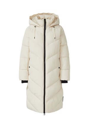 Cappotto piumino lungo crema con cappuccio, caratterizzato da un motivo a losanghe, chiusura frontale con zip e polsini a coste neri.
