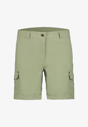 Pantalones cortos cargo de color verde claro, hasta la rodilla, con botón frontal, trabillas para cinturón y bolsillos con solapa en cada lado.