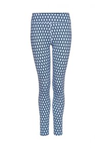Legginsy z rozciągliwego materiału, w jasnoniebieskim kolorze z geometrycznym wzorem w ciemniejszym odcieniu niebieskiego, przypominającym plasterek miodu. Wysoki stan.