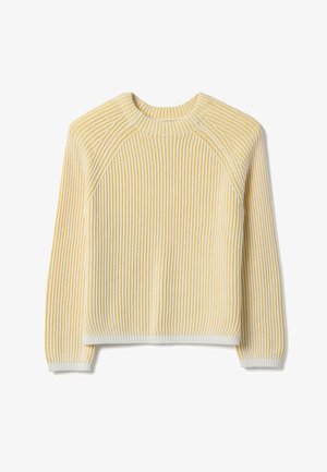 Gelb-weiß gestreifter Strickpullover mit langen Raglanärmeln und geripptem Rundhalsausschnitt, Bündchen und Saum.